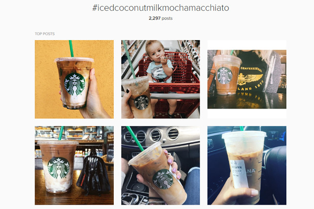 This is the Instagram hashtag stream for #icedcoconutmilkmochamacchiato. Starbucks is a major influencer, and can get away with not capitalizing individual words and people will still follow. 