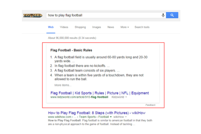 featured snippet showing how to play flag football