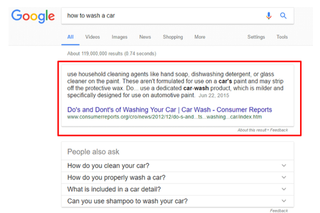 featured snippet about washing your car