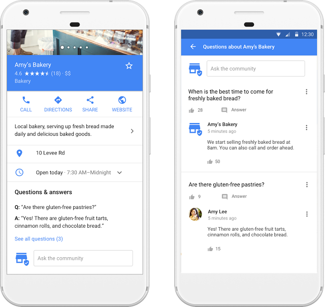 phones side by side showing the knowledge panel for Amy's Bakery
