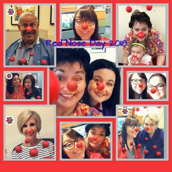 dental office dressed up for red nose day