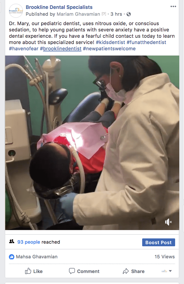 facebook post showing special services provided by dental office